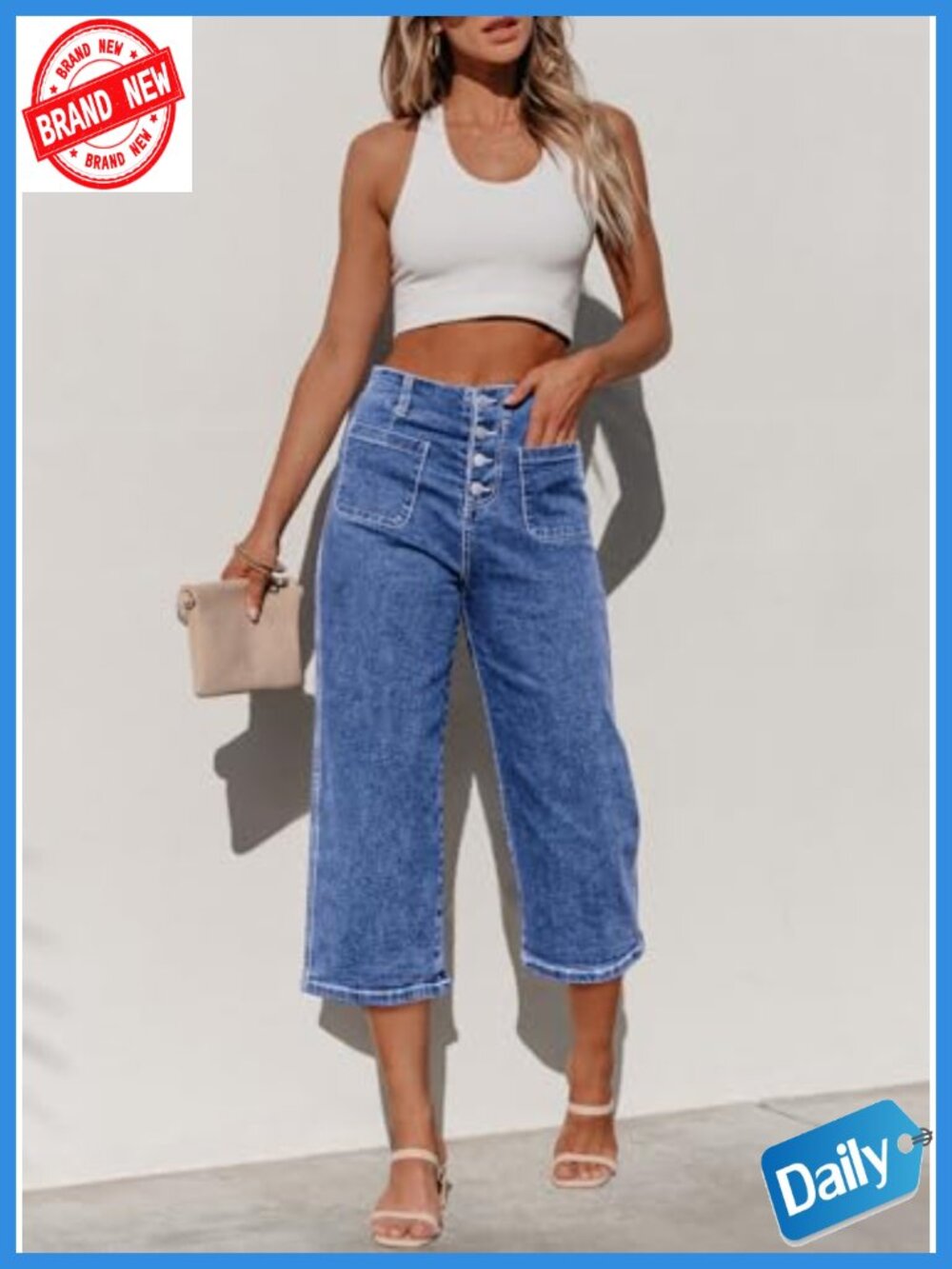 Wide Leg Capri Jeans High Waisted Stretchy Loose Cropped Summer Casual Work - Picture 4 of 5